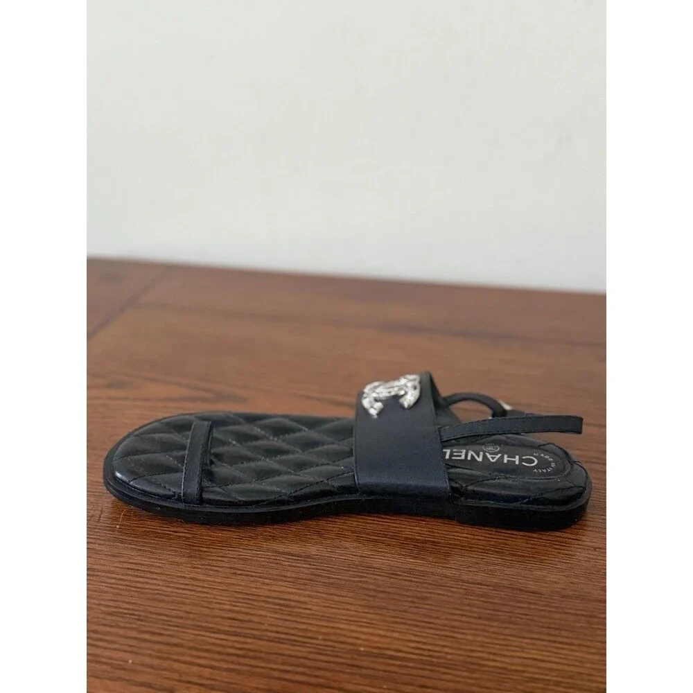Chanel Black Quilted Leather CC Logo Thong Sandals, Size 39